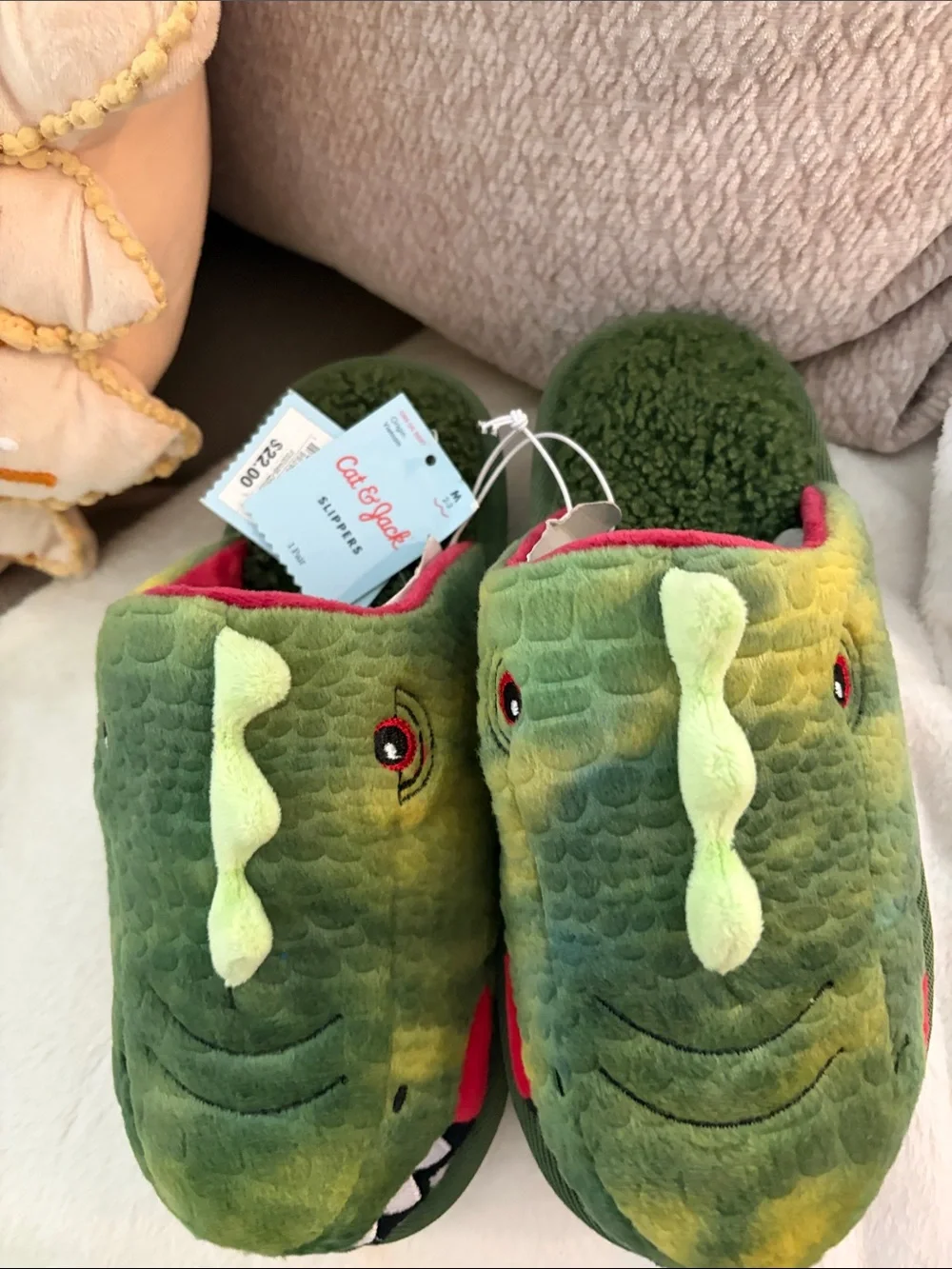 Cat & Jack Green Dinosaur Plush Slippers with Red Trim